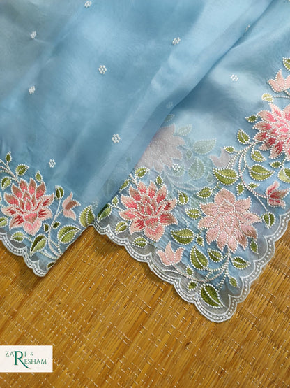 Pure Organza Silk Saree with Floral Style Embroidery Work with Scalloped Edges - Blue