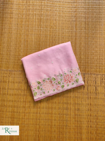 Pure Organza Silk Saree with Floral Style Embroidery Work with Scalloped Edges - Pink