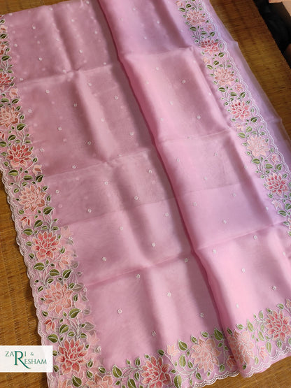 Pure Organza Silk Saree with Floral Style Embroidery Work with Scalloped Edges - Pink