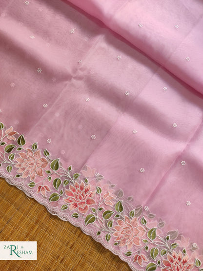 Pure Organza Silk Saree with Floral Style Embroidery Work with Scalloped Edges - Pink