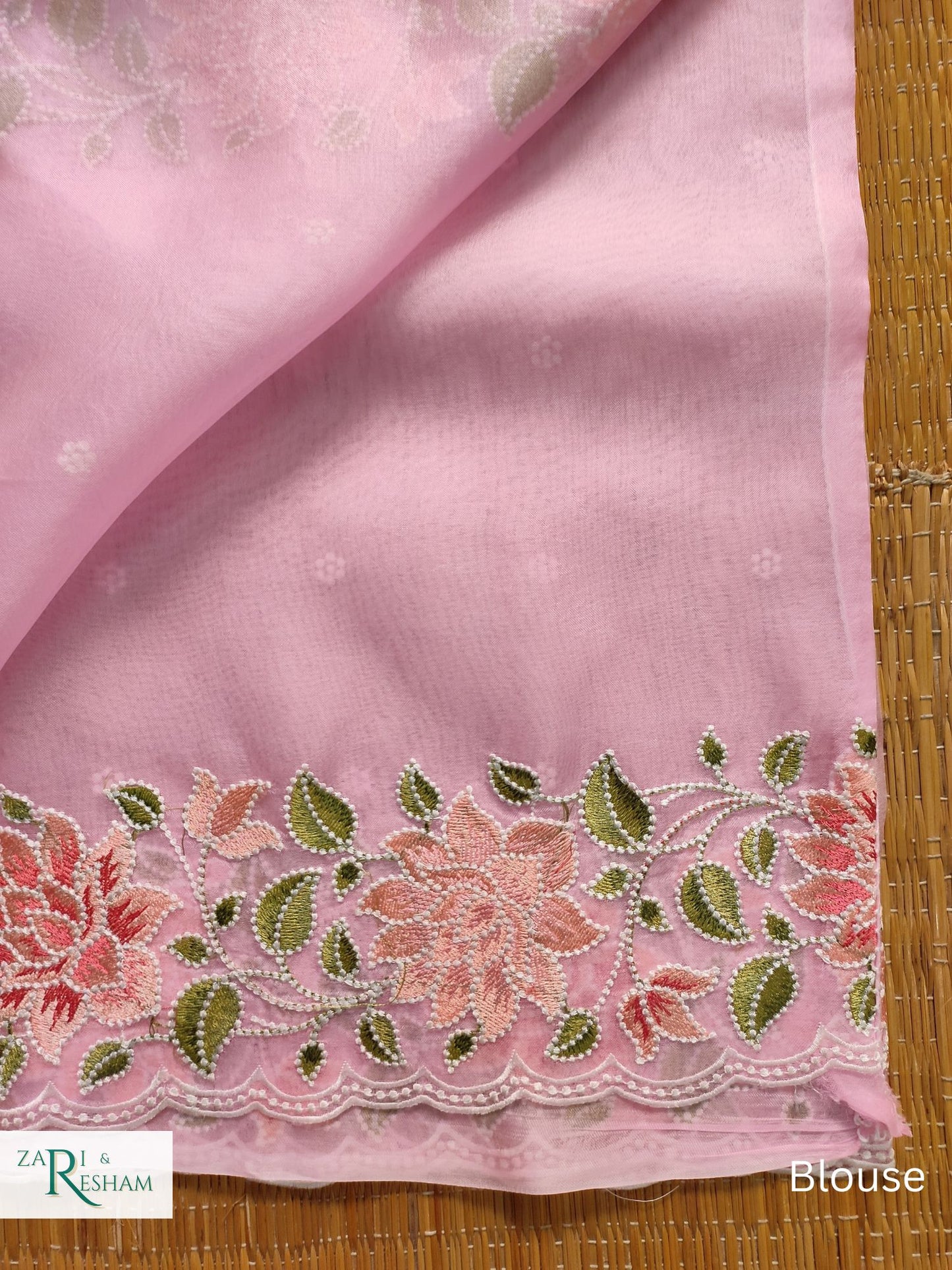 Pure Organza Silk Saree with Floral Style Embroidery Work with Scalloped Edges - Pink