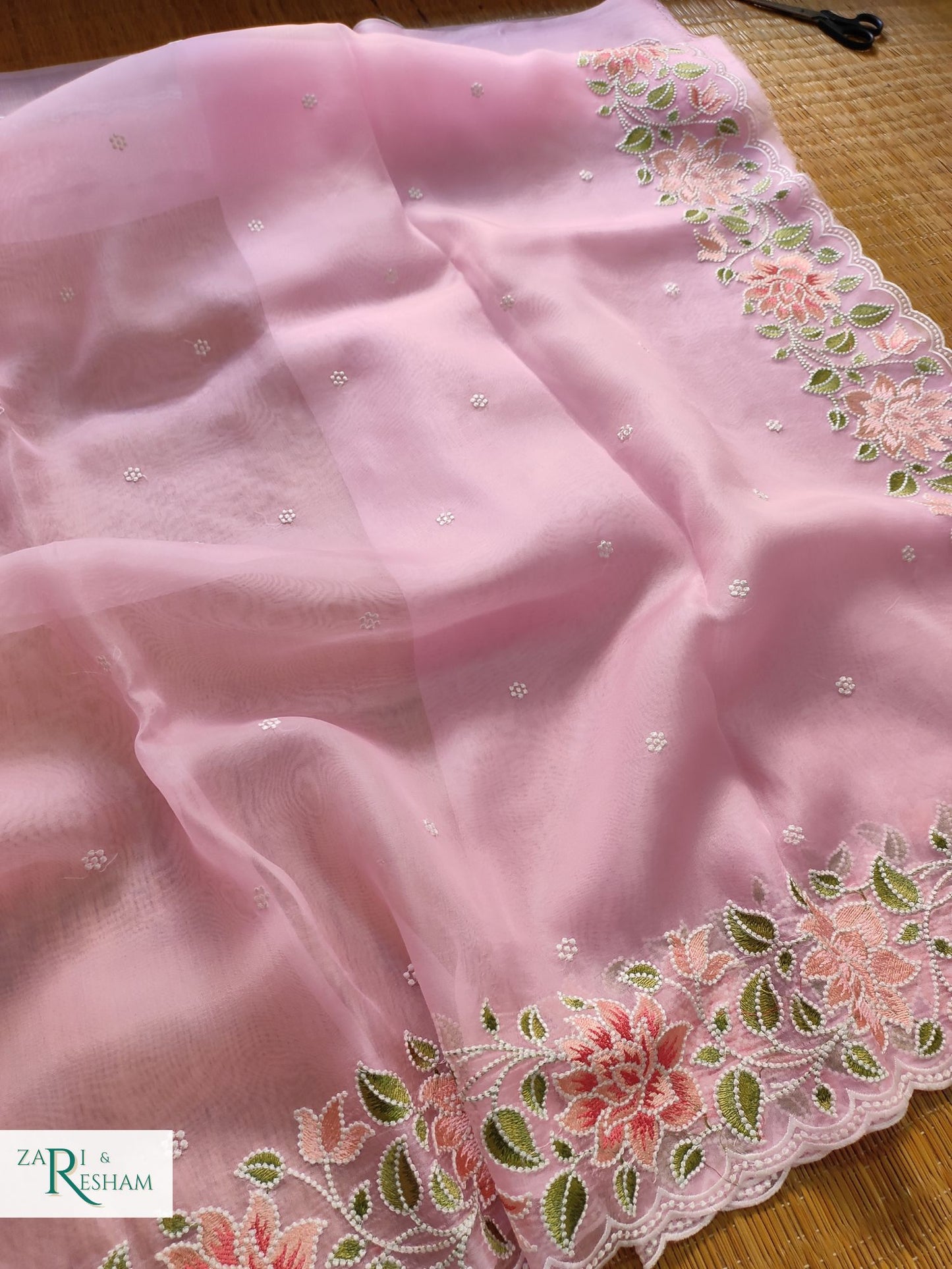 Pure Organza Silk Saree with Floral Style Embroidery Work with Scalloped Edges - Pink