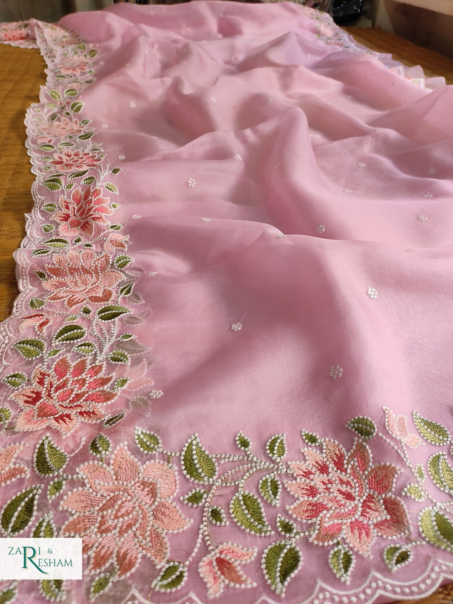 Pure Organza Silk Saree with Floral Style Embroidery Work with Scalloped Edges - Pink