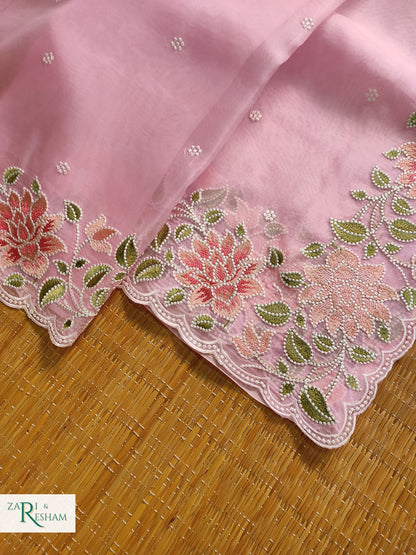 Pure Organza Silk Saree with Floral Style Embroidery Work with Scalloped Edges - Pink