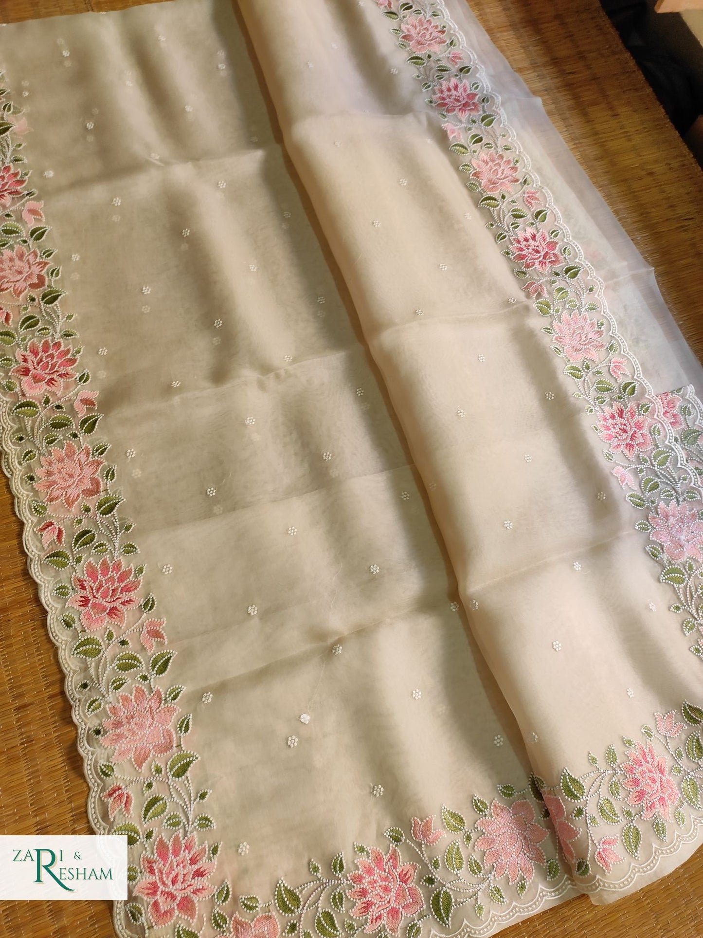 Pure Organza Silk Saree with Floral Style Embroidery Work with Scalloped Edges - Ivory