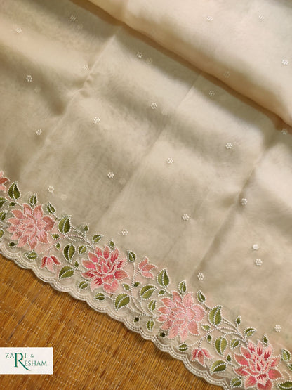 Pure Organza Silk Saree with Floral Style Embroidery Work with Scalloped Edges - Ivory