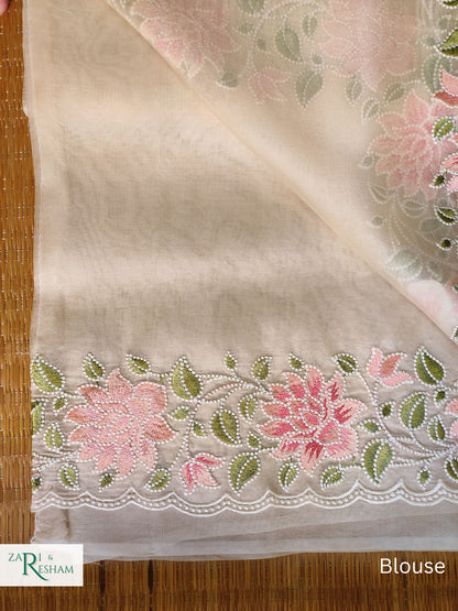 Pure Organza Silk Saree with Floral Style Embroidery Work with Scalloped Edges - Ivory