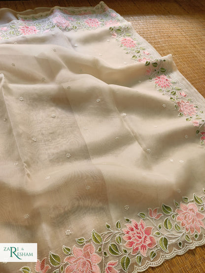 Pure Organza Silk Saree with Floral Style Embroidery Work with Scalloped Edges - Ivory