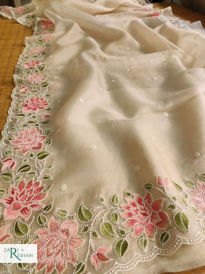 Pure Organza Silk Saree with Floral Style Embroidery Work with Scalloped Edges - Ivory