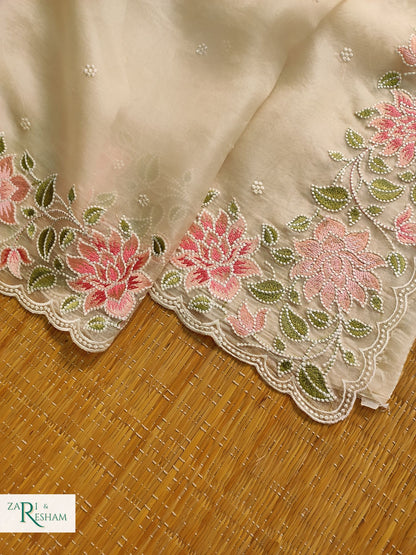 Pure Organza Silk Saree with Floral Style Embroidery Work with Scalloped Edges - Ivory