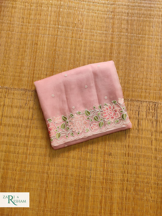 Pure Organza Silk Saree with Floral Style Embroidery Work with Scalloped Edges - Copper