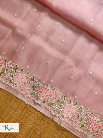 Pure Organza Silk Saree with Floral Style Embroidery Work with Scalloped Edges - Copper