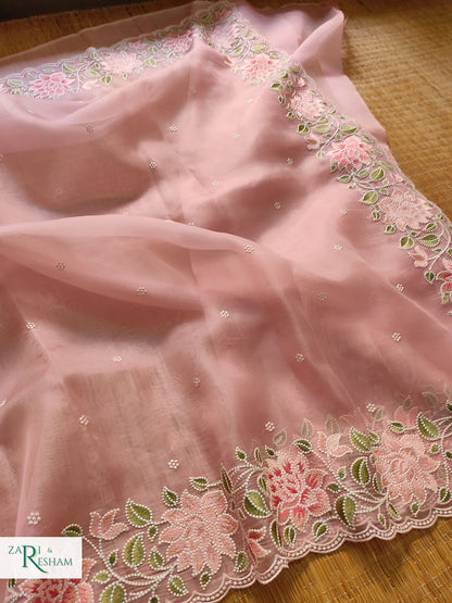 Pure Organza Silk Saree with Floral Style Embroidery Work with Scalloped Edges - Copper