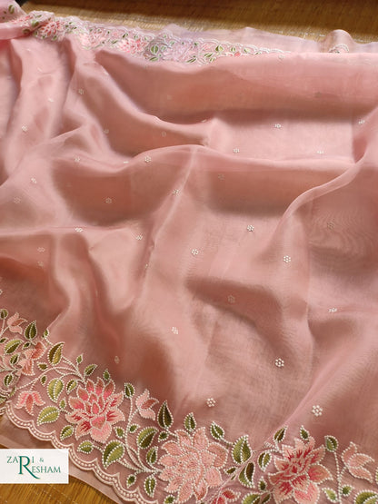 Pure Organza Silk Saree with Floral Style Embroidery Work with Scalloped Edges - Copper