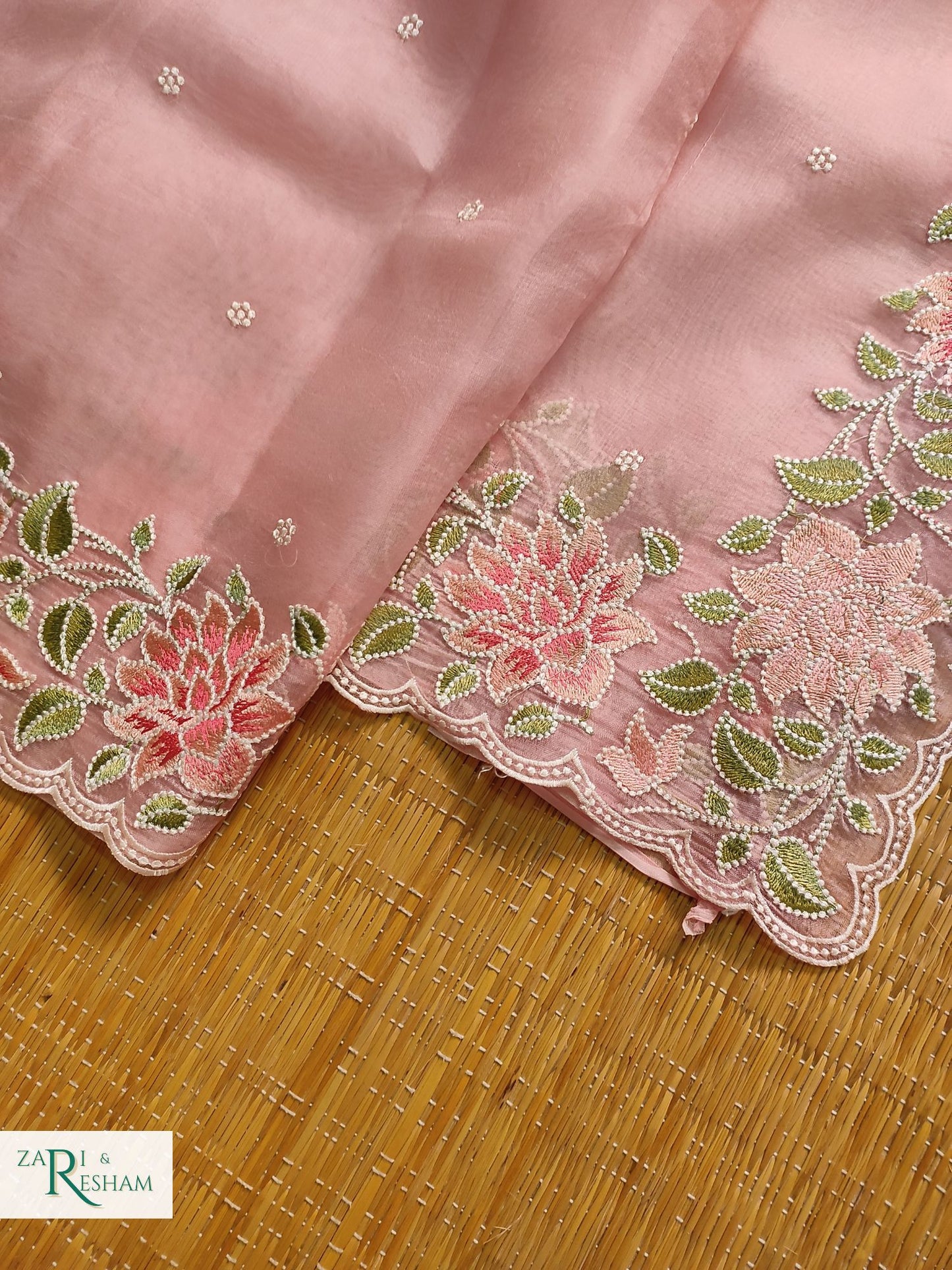 Pure Organza Silk Saree with Floral Style Embroidery Work with Scalloped Edges - Copper