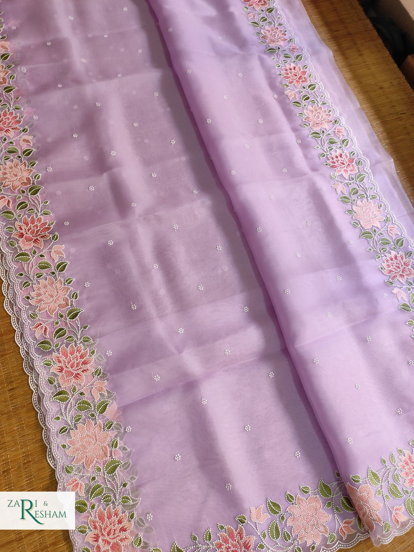 Pure Organza Silk Saree with Floral Style Embroidery Work with Scalloped Edges - Lavender