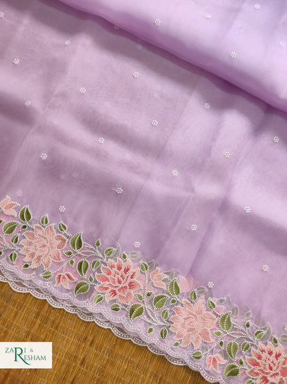 Pure Organza Silk Saree with Floral Style Embroidery Work with Scalloped Edges - Lavender