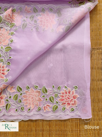 Pure Organza Silk Saree with Floral Style Embroidery Work with Scalloped Edges - Lavender