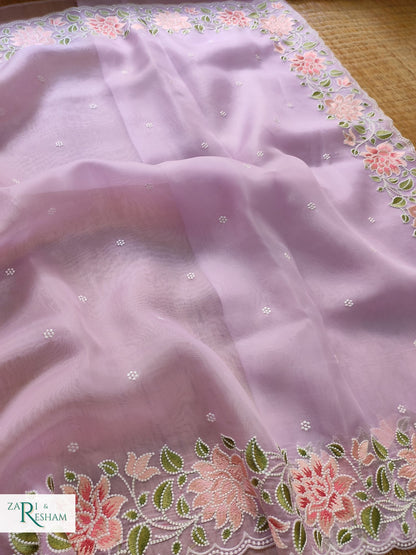 Pure Organza Silk Saree with Floral Style Embroidery Work with Scalloped Edges - Lavender