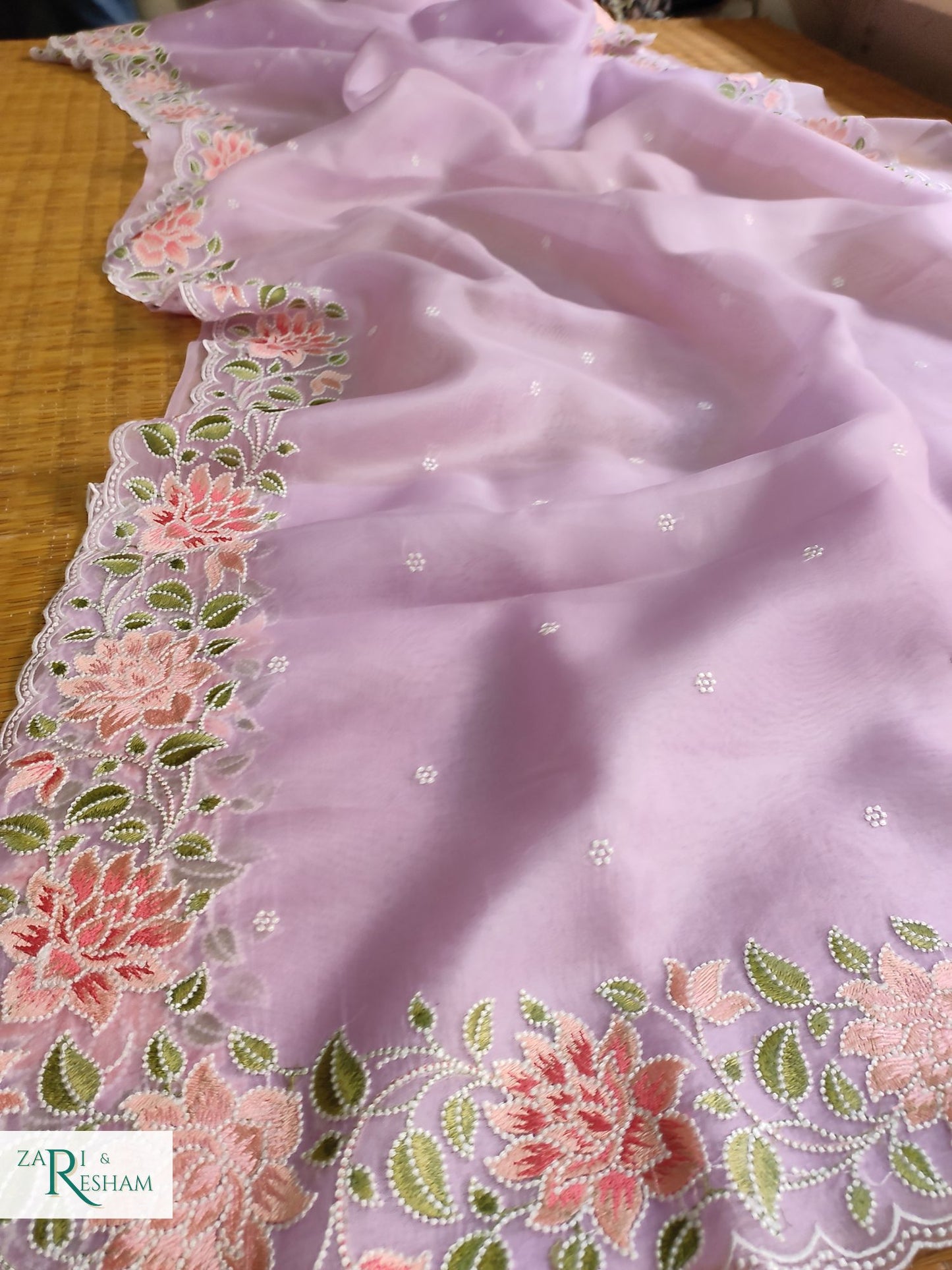 Pure Organza Silk Saree with Floral Style Embroidery Work with Scalloped Edges - Lavender