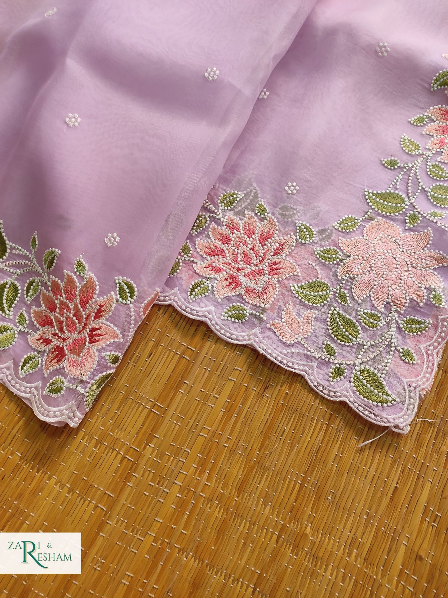 Pure Organza Silk Saree with Floral Style Embroidery Work with Scalloped Edges - Lavender