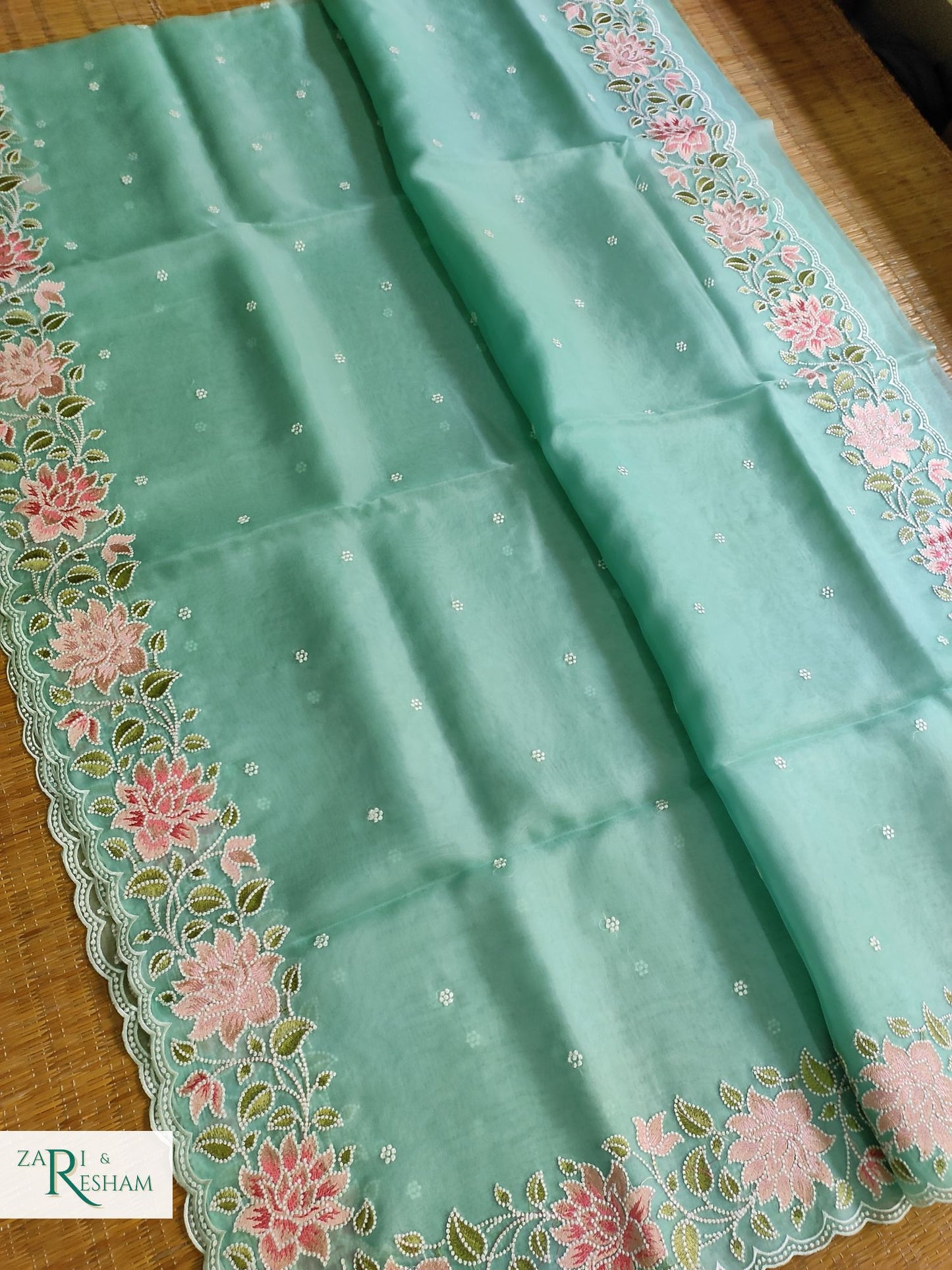 Pure Organza Silk Saree with Floral Style Embroidery Work with Scalloped Edges - Sea Green