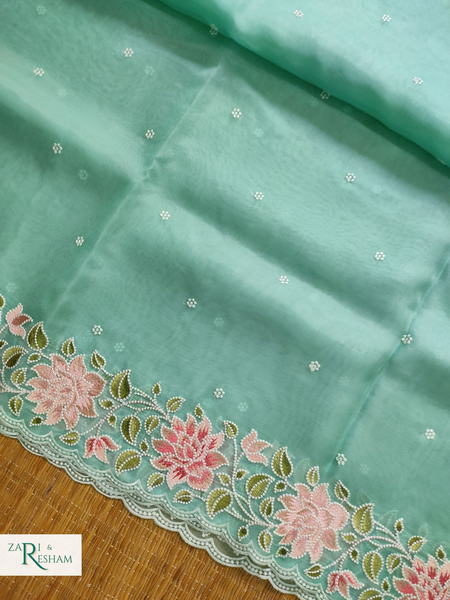 Pure Organza Silk Saree with Floral Style Embroidery Work with Scalloped Edges - Sea Green