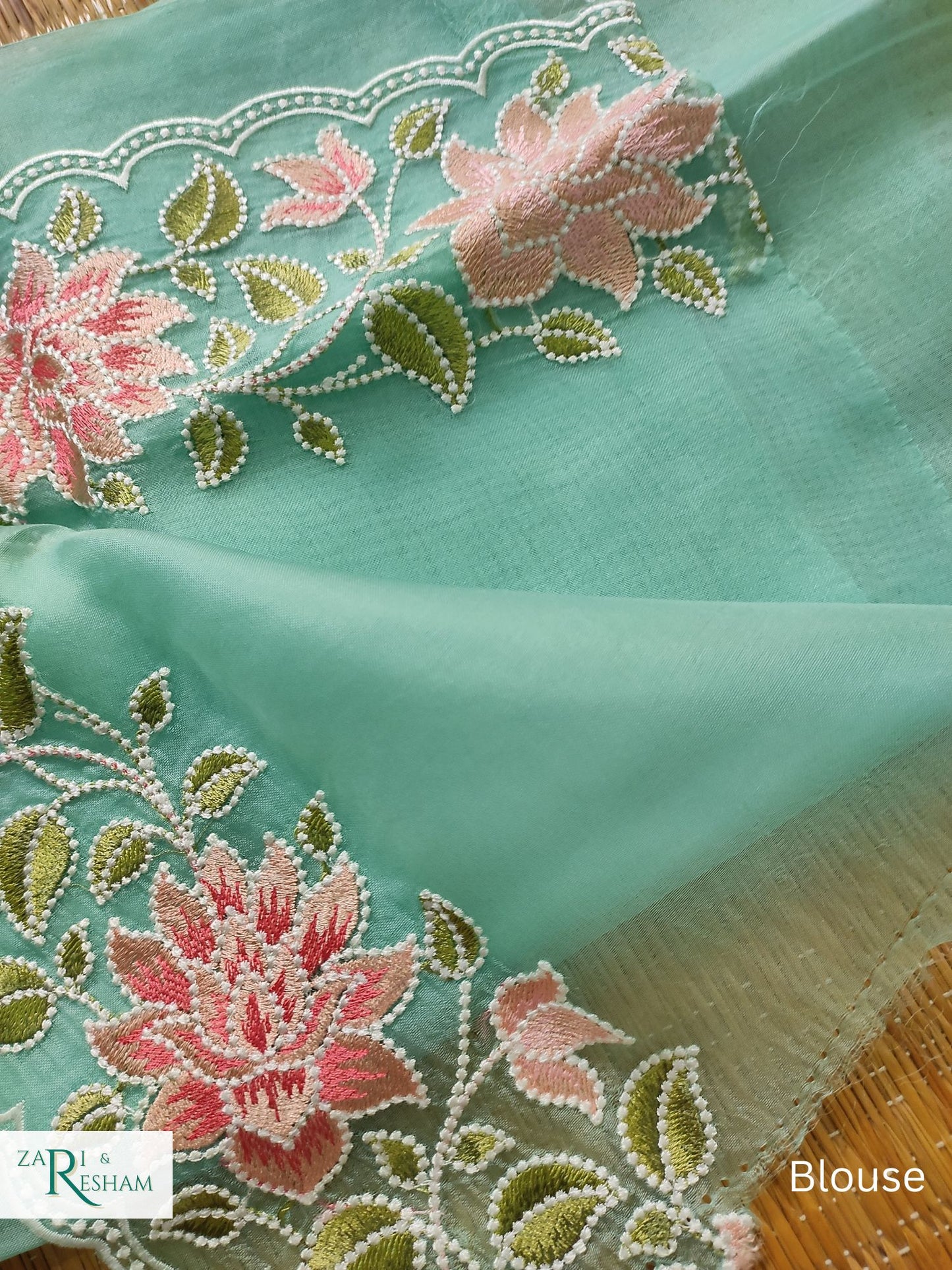 Pure Organza Silk Saree with Floral Style Embroidery Work with Scalloped Edges - Sea Green