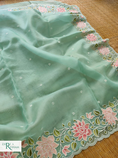 Pure Organza Silk Saree with Floral Style Embroidery Work with Scalloped Edges - Sea Green