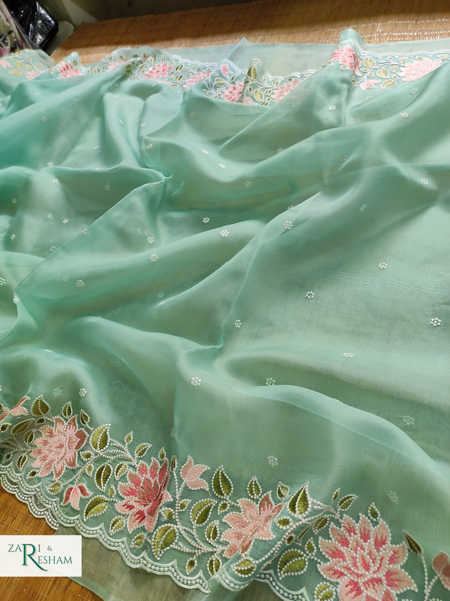 Pure Organza Silk Saree with Floral Style Embroidery Work with Scalloped Edges - Sea Green