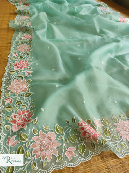 Pure Organza Silk Saree with Floral Style Embroidery Work with Scalloped Edges - Sea Green