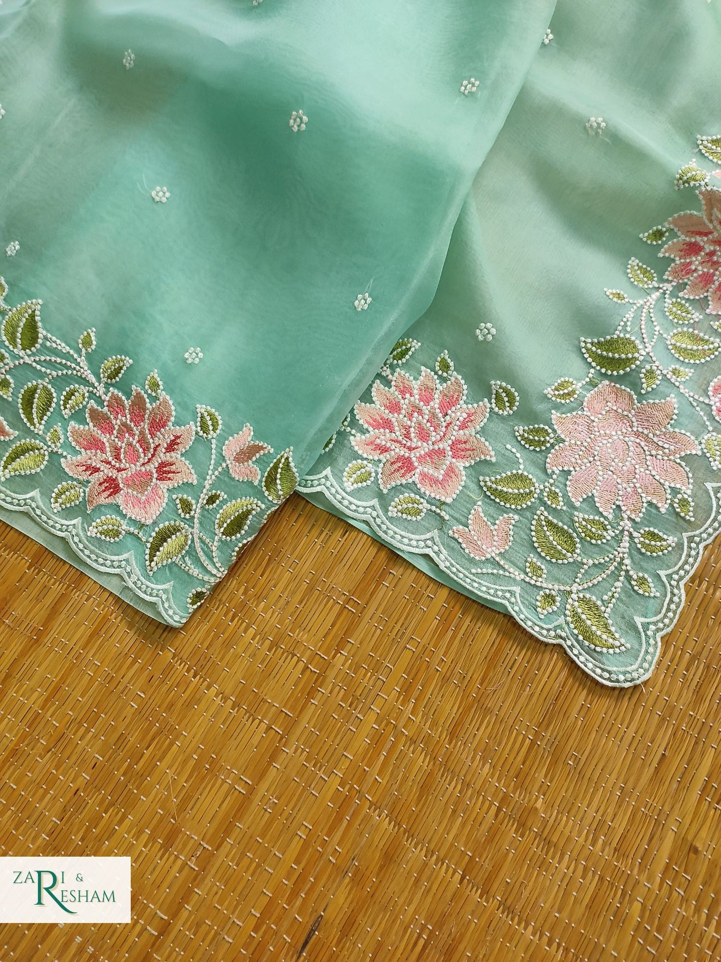 Pure Organza Silk Saree with Floral Style Embroidery Work with Scalloped Edges - Sea Green