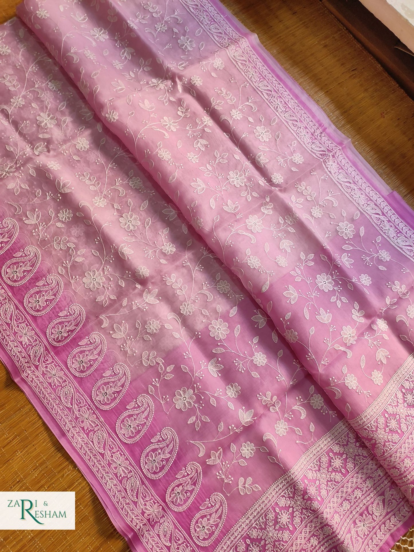 Pure Organza Silk Saree with Chikankari Jaal Embroidery Work - Pink