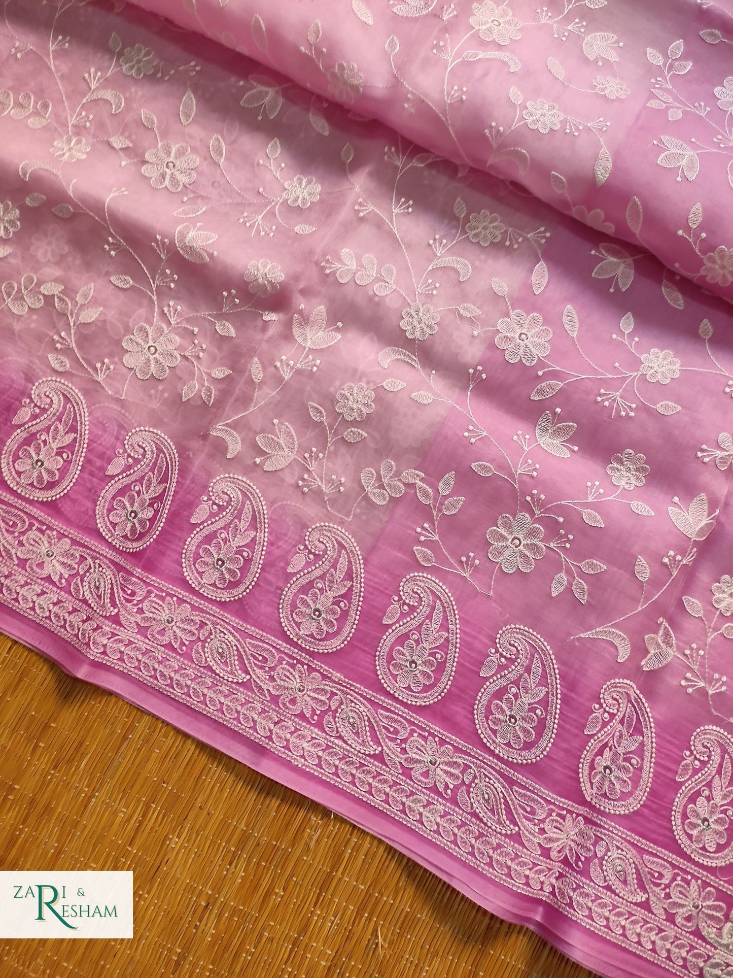 Pure Organza Silk Saree with Chikankari Jaal Embroidery Work - Pink