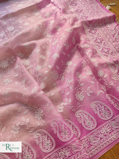 Pure Organza Silk Saree with Chikankari Jaal Embroidery Work - Pink