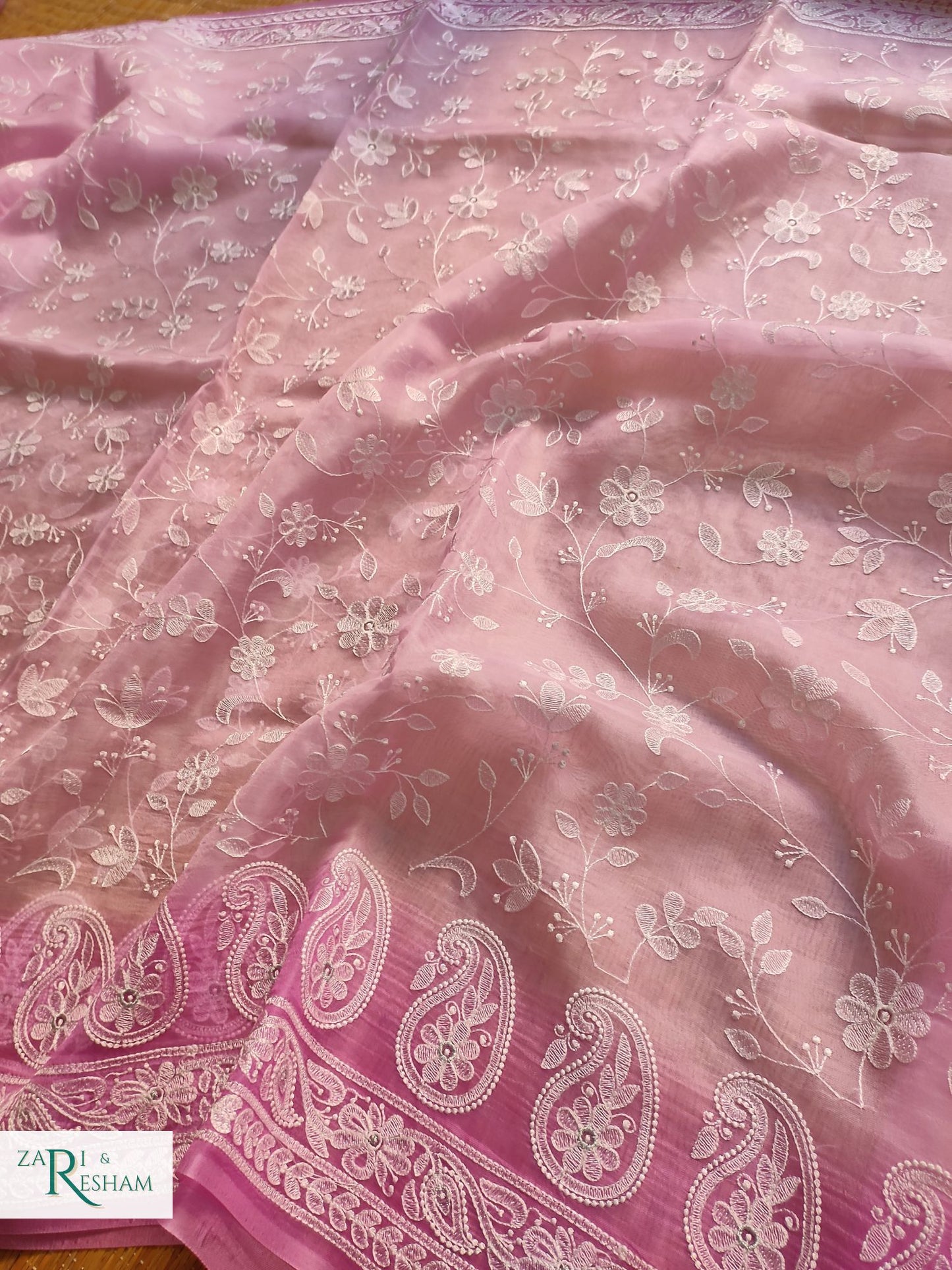 Pure Organza Silk Saree with Chikankari Jaal Embroidery Work - Pink