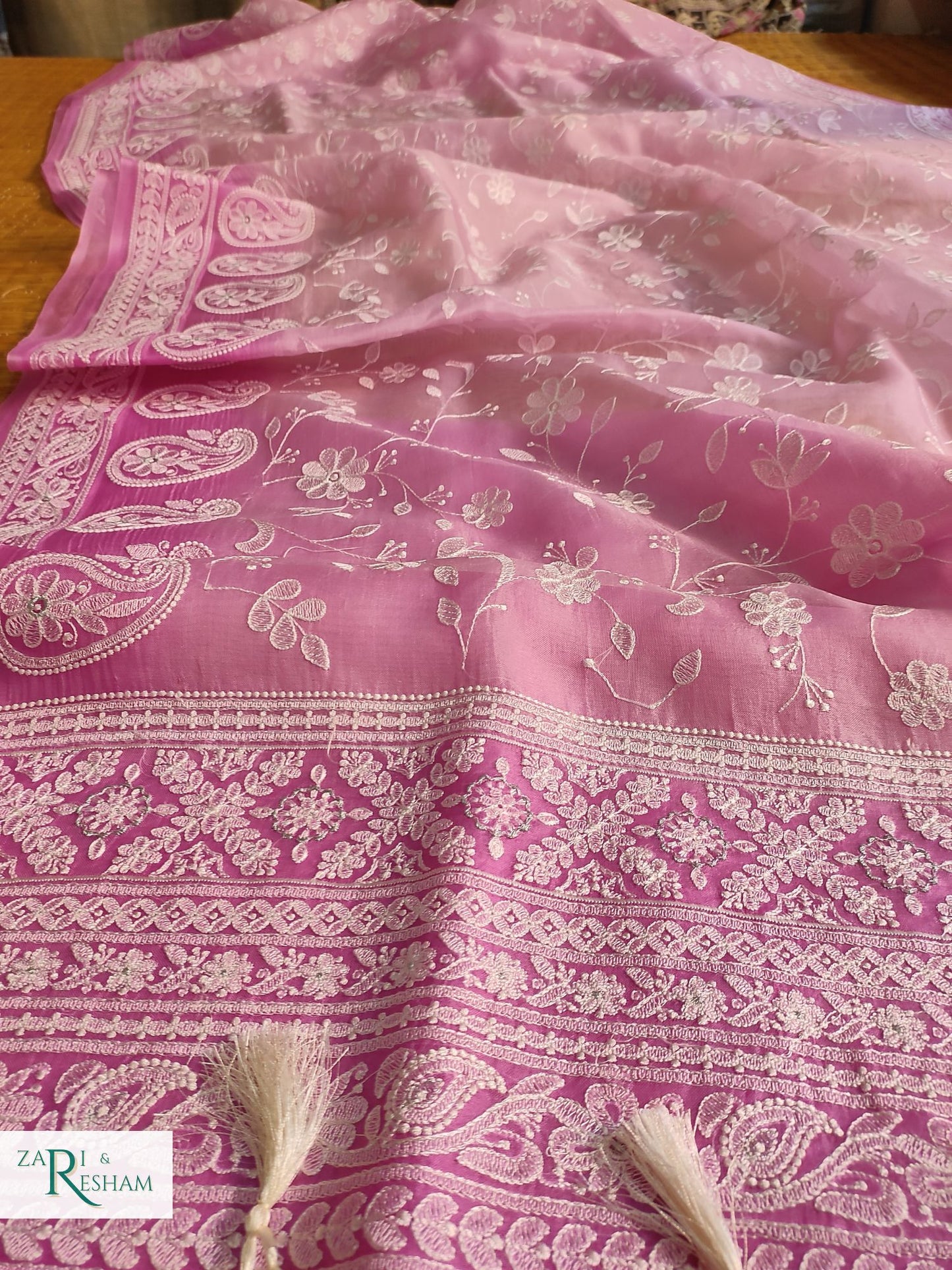 Pure Organza Silk Saree with Chikankari Jaal Embroidery Work - Pink