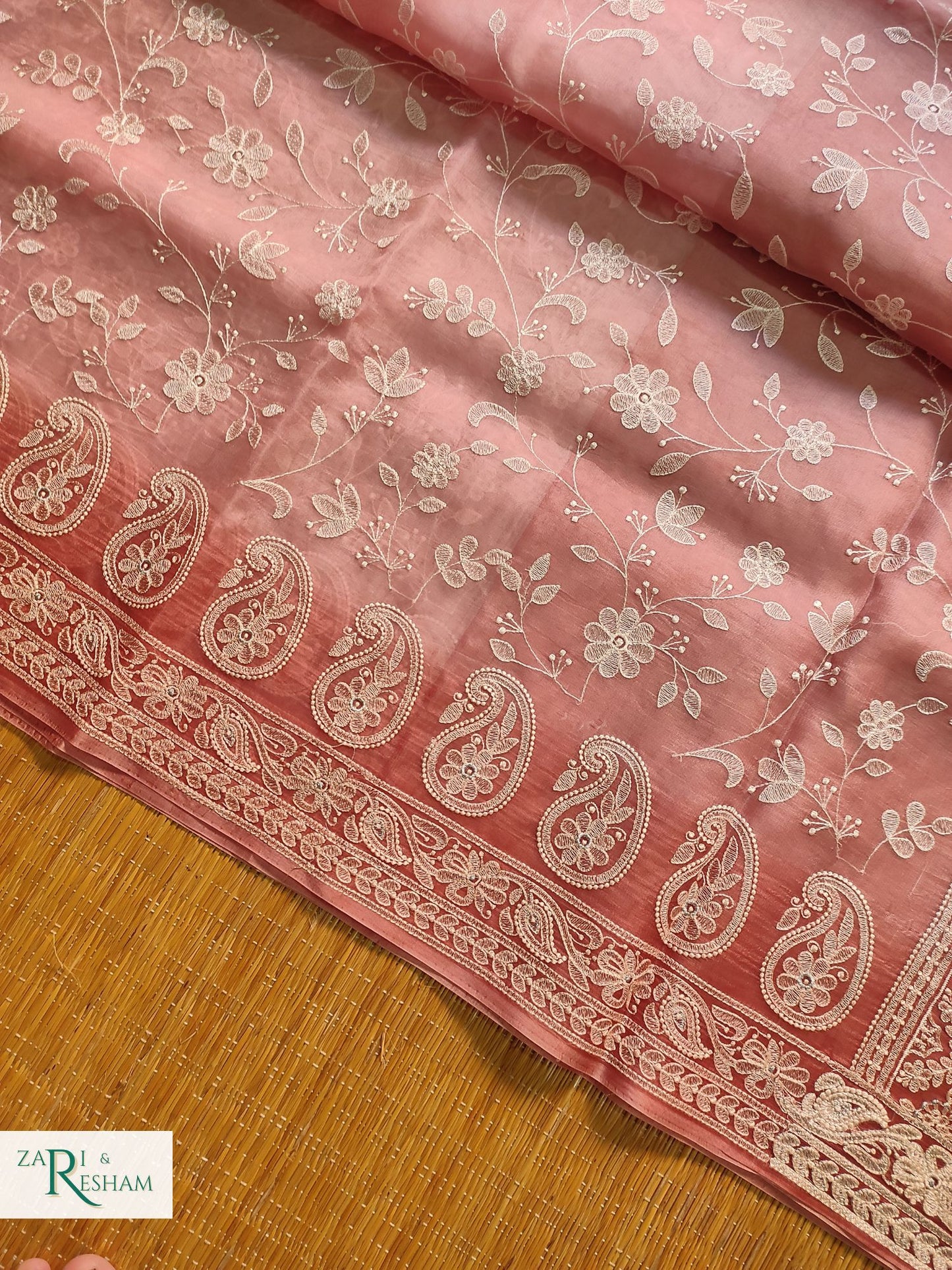 Pure Organza Silk Saree with Chikankari Jaal Embroidery Work - Copper