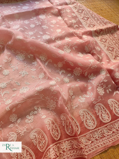 Pure Organza Silk Saree with Chikankari Jaal Embroidery Work - Copper