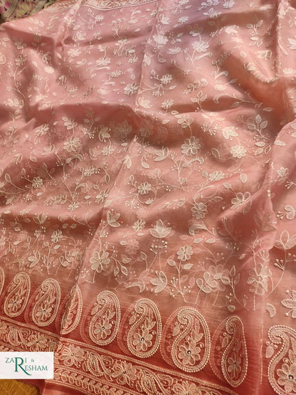 Pure Organza Silk Saree with Chikankari Jaal Embroidery Work - Copper