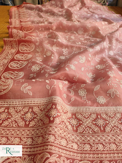 Pure Organza Silk Saree with Chikankari Jaal Embroidery Work - Copper