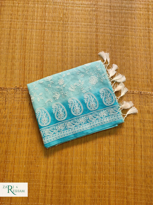 Pure Organza Silk Saree with Chikankari Jaal Embroidery Work - Blue