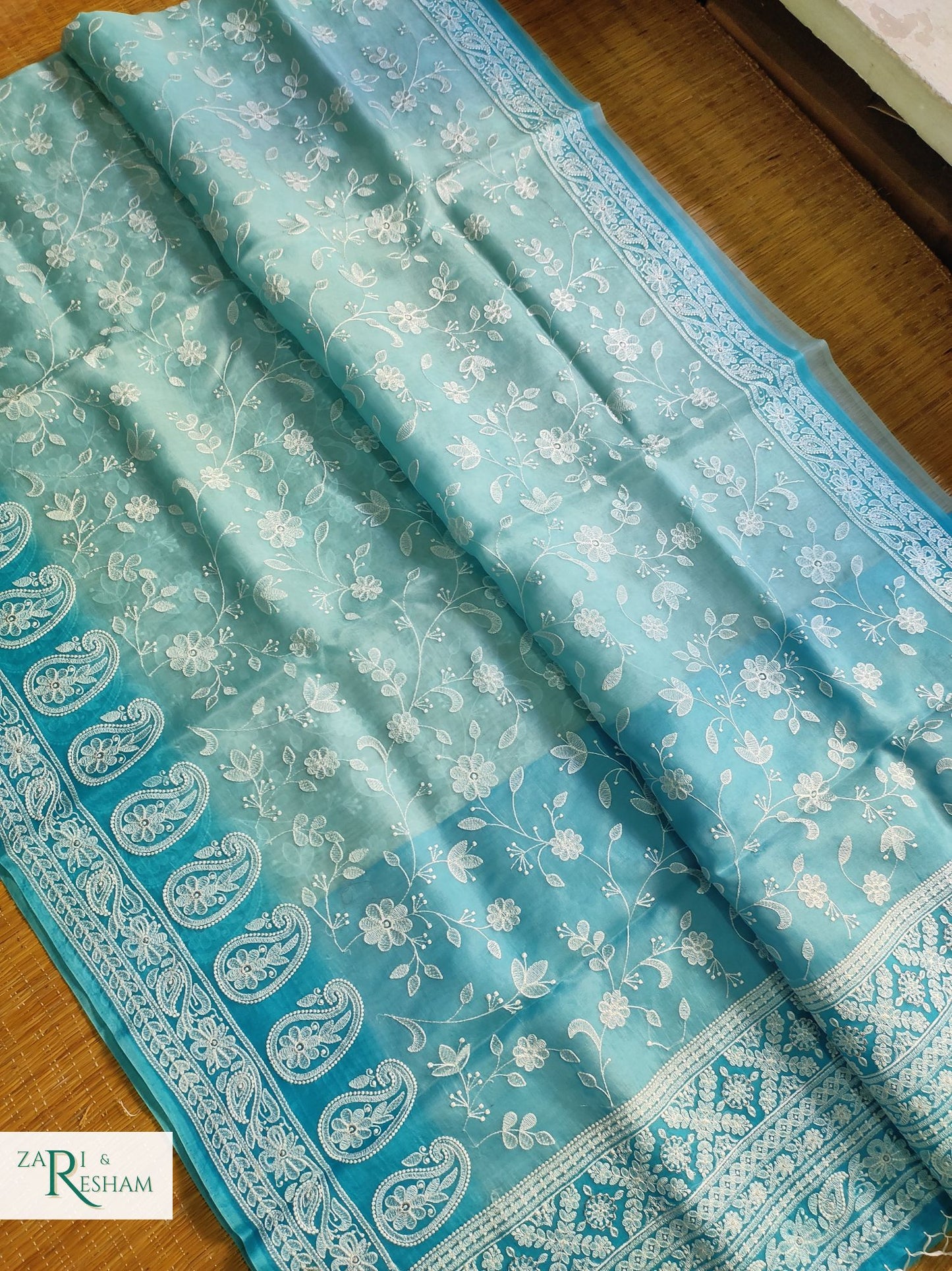 Pure Organza Silk Saree with Chikankari Jaal Embroidery Work - Blue