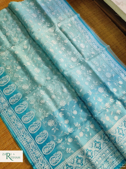 Pure Organza Silk Saree with Chikankari Jaal Embroidery Work - Blue