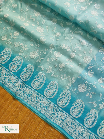 Pure Organza Silk Saree with Chikankari Jaal Embroidery Work - Blue