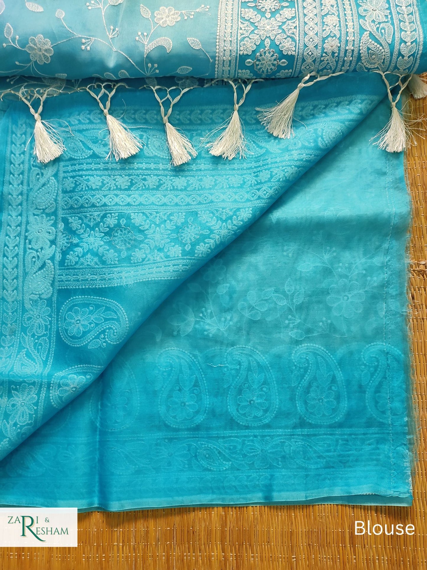 Pure Organza Silk Saree with Chikankari Jaal Embroidery Work - Blue