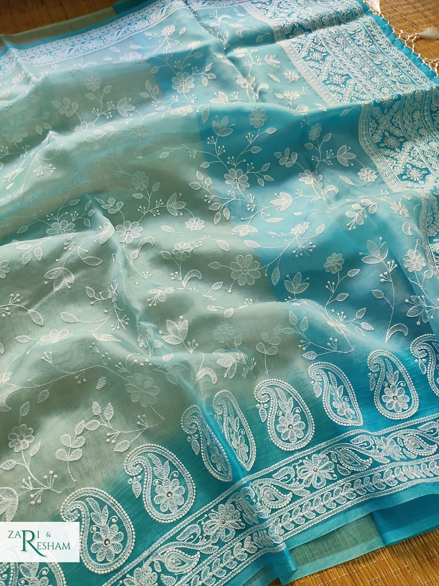 Pure Organza Silk Saree with Chikankari Jaal Embroidery Work - Blue