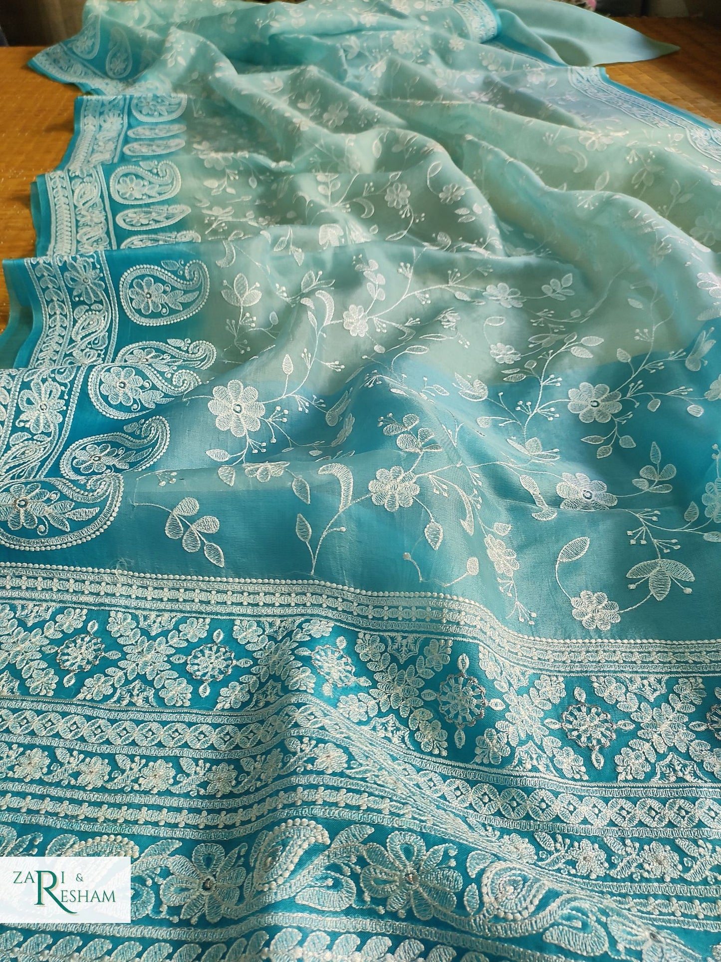 Pure Organza Silk Saree with Chikankari Jaal Embroidery Work - Blue