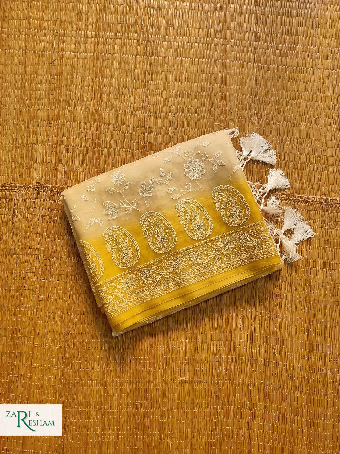 Pure Organza Silk Saree with Chikankari Jaal Embroidery Work - Yellow