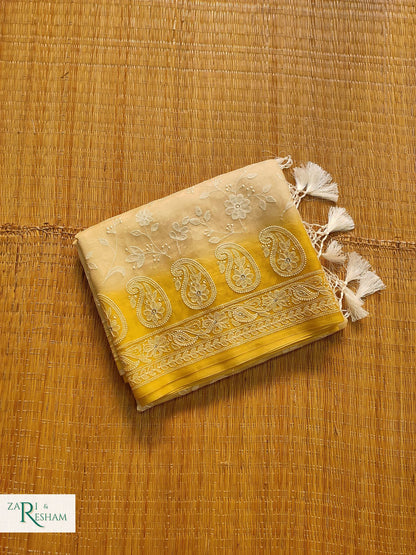 Pure Organza Silk Saree with Chikankari Jaal Embroidery Work - Yellow